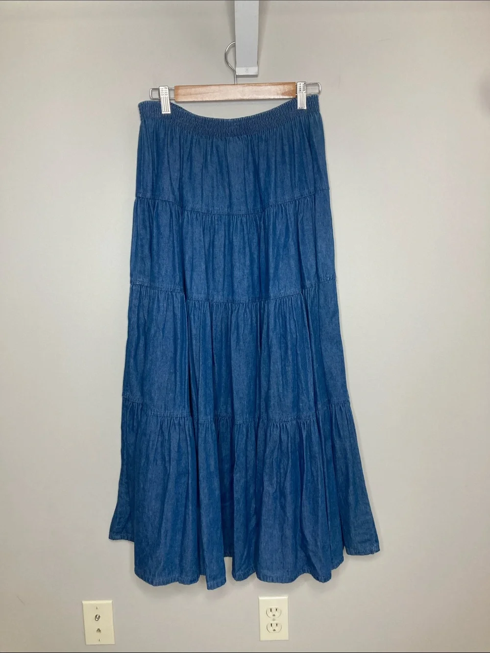 Willowbend Vintage Cotton Elastic-Waist Tiered Denim Maxi Skirt, Size Medium